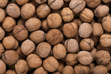 A lot of organic walnuts. Nature background. Top view. 