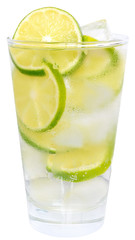 Fresh cold lemonade from lime with ice close up