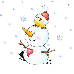 Cute snowman and Christmas bird