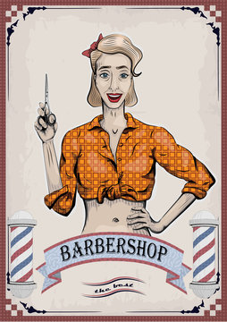 Female Woman Girl Lady Hairdresser, Barber With Scissors, Shear, Beautiful Worker People Portrait. Vector Nice Retro Vertical Closeup Front View Frontal Illustration Sign, Signboard For Barbershop