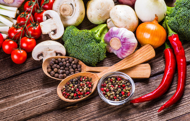  Bio Healthy food, herbs and spices. Organic vegetables on wood