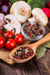  Bio Healthy food, herbs and spices. Organic vegetables on wood