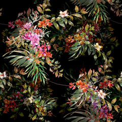 Aquarellmalerei von Blättern und Blumen, nahtloses Muster auf dunklem Hintergrund © photoiget