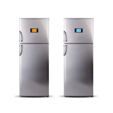 Two Stainless steel modern refrigerators isolated on white. The external LED display, with blue and orange glow. Fridge freezer