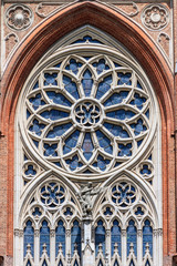Rosette with stained glass on the front of the Catedral in La Pl