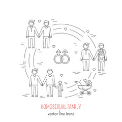 Nontraditional family line icons composition gay  homosexual couples. Vector illustration.