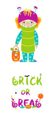 Trick or treat halloween card with cute monster