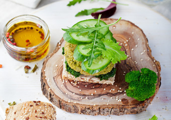 Healthy vegan burger with broccoli, spinach patty