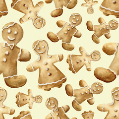 Watercolor christmas gingerbread man pattern. Hand painted gingerbread man and women isolated on yellow background. For design, background or print