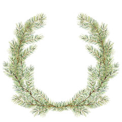 Watercolor christmas fir wreath. New year tree branch wreath for design, print or background
