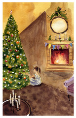 Watercolor christmas eve illustration. Hand painted illustration with Christmas tree, fireplace, girl for design, print or background