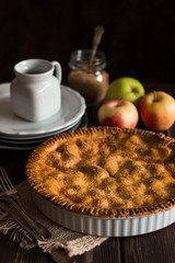 Traditional homemade apple pie on rustic background