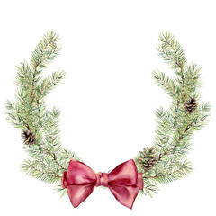 Watercolor christmas fir wreath with pink bow and cones. New year tree branch wreath for design, print or background