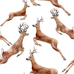 Watercolor running deers seamless pattern. Christmas wild animal illustration isolated on white background for design, print or background