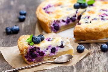 Cheesecake  with blueberry and mint. Summer dessert