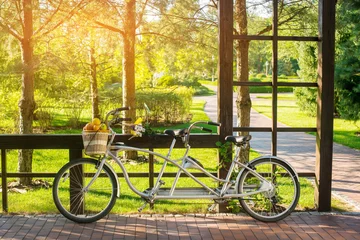 Crédence de cuisine en verre imprimé Vélo Bike with basket of fruits. Tandem bicycle near the fence. Warm summer weather. Organize a romantic picnic.