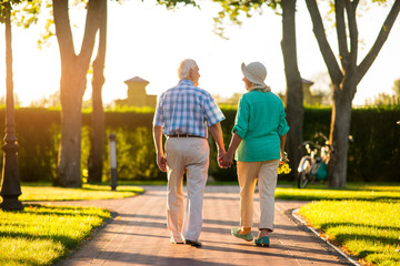Obraz premium Back view of senior couple. People walking and holding hands. Respect past and cherish present. We are grateful to fate.