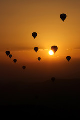 Balloons at sunrise. Backlight. Turkey. Cappadocia.
