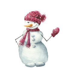 Watercolor snowman in hat, scarf and mittens. Hand painted winter illustration isolated on white background. For design, background or print
