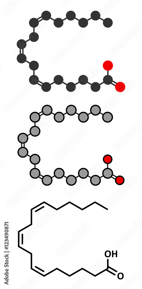 Sticker gamma-linolenic acid (gla, gamolenic acid) molecule. stylized 2d renderings. omega-6 fatty acid pres