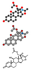 Deflazacort glucocorticoid drug molecule. Stylized 2D renderings and conventional skeletal formula.