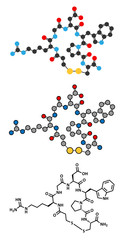 Eptifibatide anticoagulant drug molecule. Stylized 2D renderings and conventional skeletal formula.