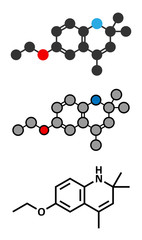 Ethoxyquin antioxidant food preservative molecule. Stylized 2D renderings and conventional skeletal formula. Also used to control scald on pears.