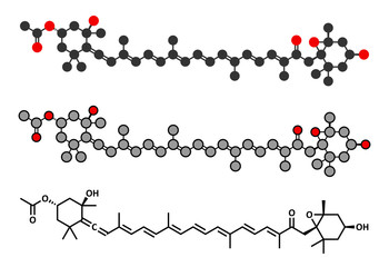 Fucoxanthin brown algae pigment molecule. Stylized 2D renderings and conventional skeletal formula. Ingredient of some dietary supplements.