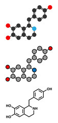 Higenamine herbal molecule. Stylized 2D renderings and conventional skeletal formula. Present in some fat burner food supplements.