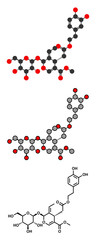 Oleuropein olive component molecule. Stylized 2D renderings and conventional skeletal formula. In part responsible for pungency of virgin olive oil, may have beneficial properties.
