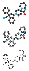 Piritramide opioid analgetic drug molecule. Stylized 2D renderings and conventional skeletal formula.
