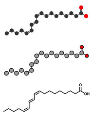 Punicic acid (trichosanic acid) molecule. Stylized 2D renderings and conventional skeletal formula. Fatty acid present in pomegranate (Punica granatum).