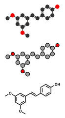 Pterostilbene molecule. Stylized 2D renderings and conventional skeletal formula.
