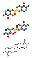 Pyritinol (pyridoxine disulfide) cognitive and learning disorder drug molecule. Stylized 2D renderings and conventional skeletal formula. Also used in nootropic dietary supplements.