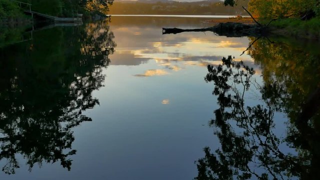 4K Shimmering Reflections of Trees and Clouds, Skyline Reflection at Sunset