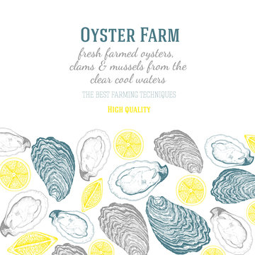 Vector illustration of oyster. Farm and restaurant design template. Linear drawn vector illustration with oysters and lemons.