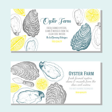 Oyster horizontal banner collection. Oyster hand drawn in ink illustration. Vector vintage illustration. Line art graphic. Oysters horizontal flyer set for farm or a restaurant design.