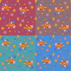 Collection of cute seamless patterns with flowers and leaves. Vector illustration.