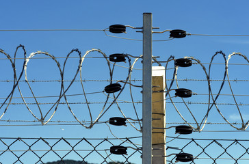Detail of electric fence with concertina wire