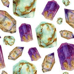 Watercolor gem stones pattern. Jade turquoise, amethyst and rauchtopaz stones seamless ornament isolated on white background. For design, prints or background