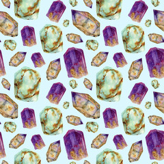 Watercolor gem stones seamless pattern. Jade turquoise, amethyst and rauchtopaz stones ornament isolated on blue background. For design, prints or background