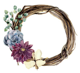 Watercolor floral wreath of twig. Hand painted wood wreath with silver dollar eucalyptus, dahlia, cotton flower and succulent. Floral illustration for design and background