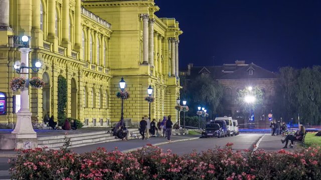 The building of the Croatian National Theater night timelapse. Croatia, Zagreb.
