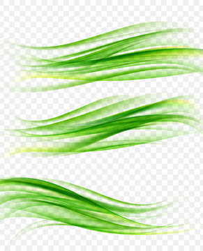 Set of abstract smooth green waves on transparent background