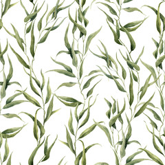 Watercolor green floral seamless pattern with eucalyptus leaves. Hand painted pattern with branches and leaves of eucalyptus isolated on white background. For design or background