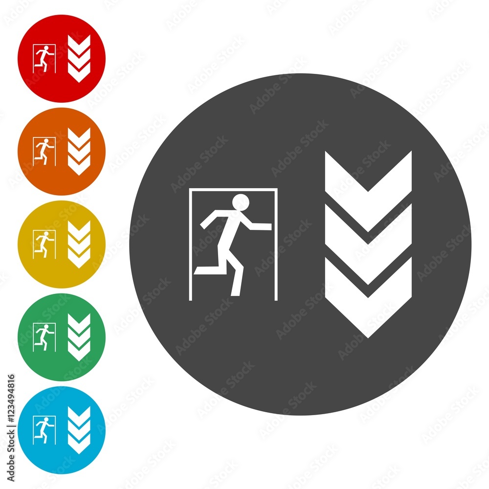 Poster emergency exit with arrow sign. icons in circles. human running symbol