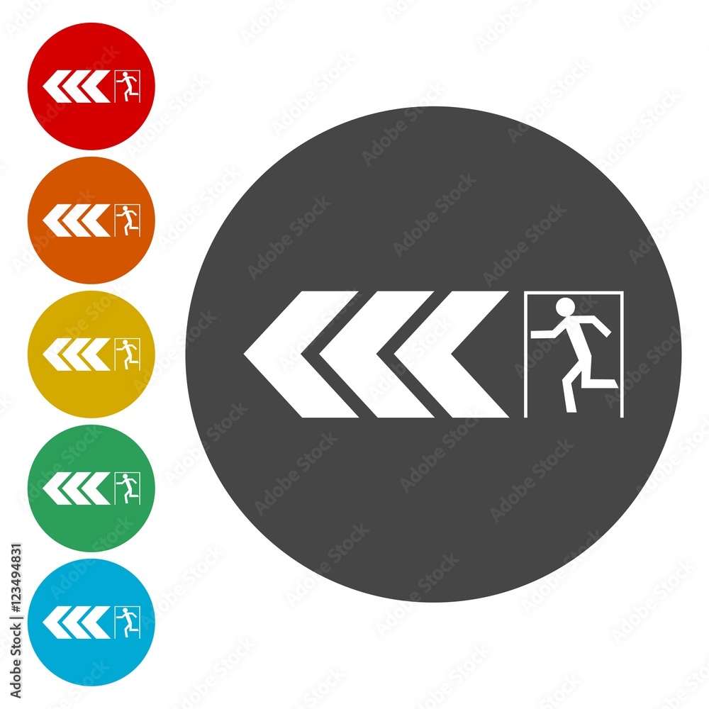 Poster emergency exit with arrow sign. icons in circles. human running symbol