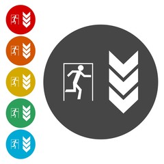 Emergency exit with arrow sign. Icons in circles. Human running symbol