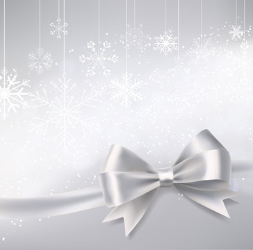 winter holidays abstract background with snowflakes, silver ribbon and flowing lights effects. vector design template