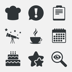 Coffee cup icon. Chef hat symbol. Birthday cake.